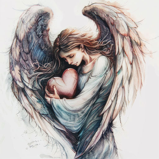 Ethereal guardian angel holding a heart, tattoo concept