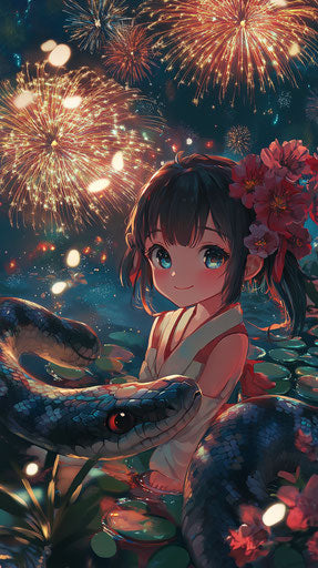 Sweet snake and chibi girl, festive fireworks