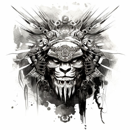 Vintage black and white lion head warrior with a skull on a helmet