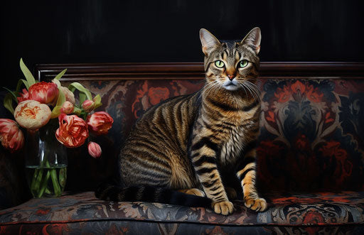 Tabby cat on black couch, bengal art style, sumatraism 17:11