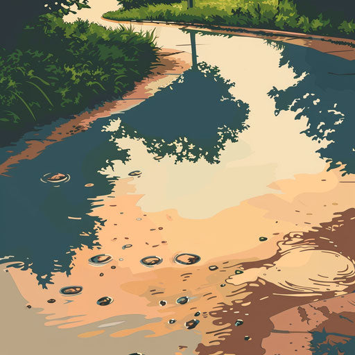 Puddle illustration in photo realistic style with a flat random background, strong contrast and saturated colors