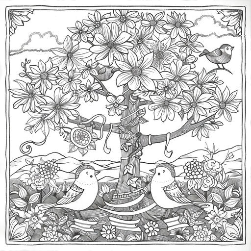 Birds decorating a tree with ribbons and flowers