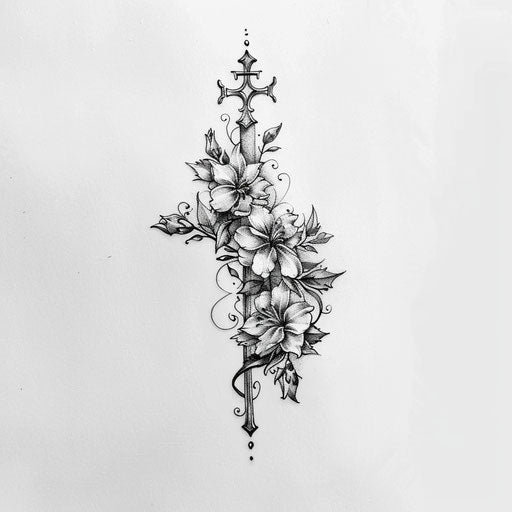 Intricately intertwined cross with delicate ivy and flowers