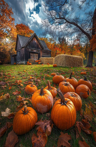 Rustic autumn scene with pumpkins near wooden cottage