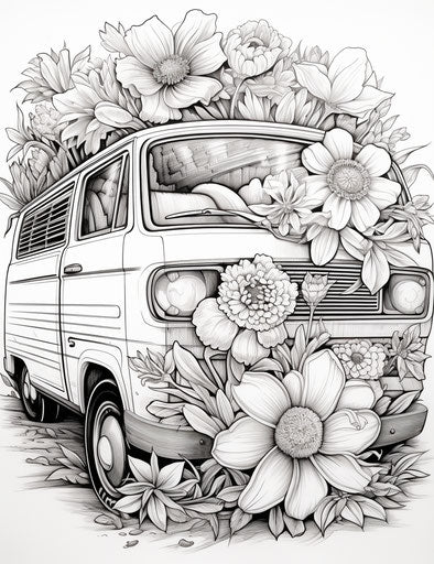 Floral van in Jim Mahfood style, detailed, hyperrealism, 1970s