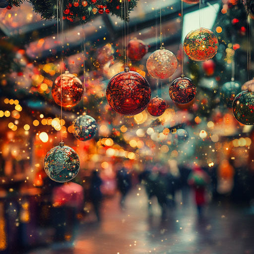 Floating Christmas balls above a festive market