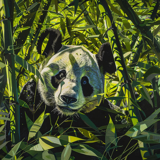 Giant panda in the vibrant green bamboo thicket