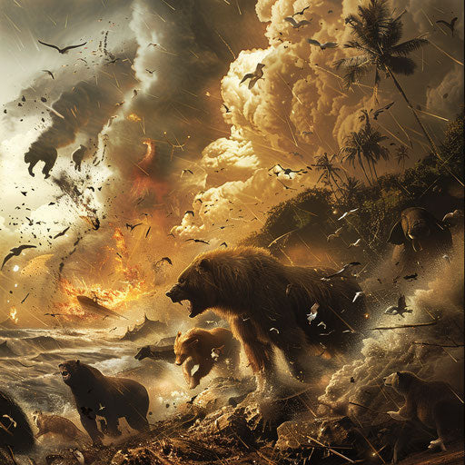 Dramatic scene of animals fleeing from a natural disaster