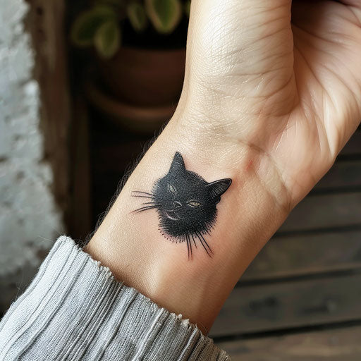 Easy tattoo of a minimalist cat, in the style of Gerald Brom, on the wrist