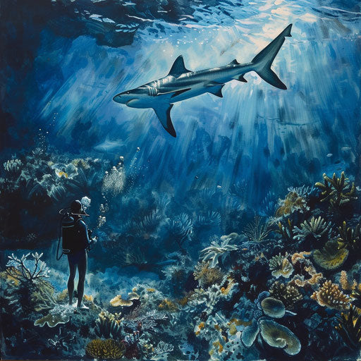 An intimate encounter between a curious thresher shark and a diver in a coral reef