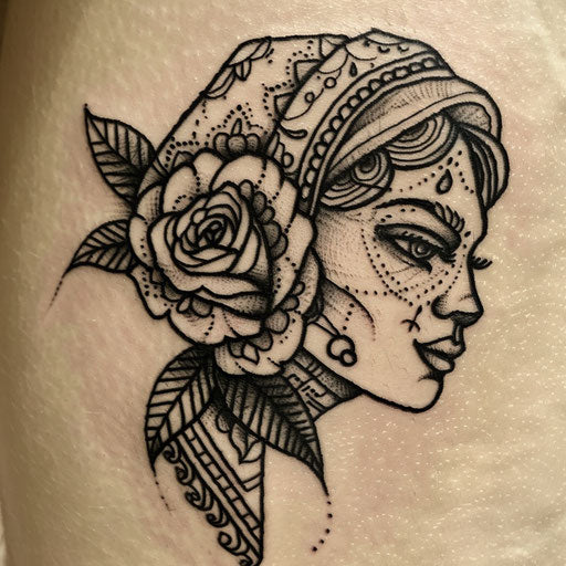 Cultural flat tattoo sketch of gypsy rose with traditional Romani motifs