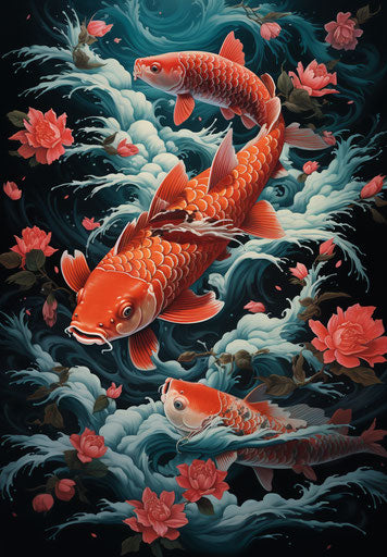 The koi fish on waves with a flower behind, dark teal and light black style, detailed designs