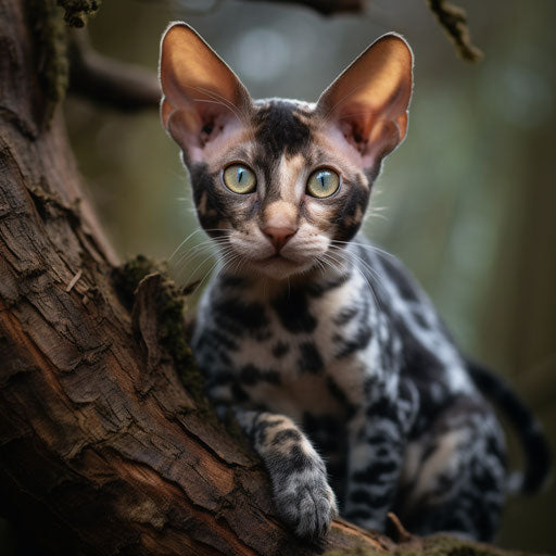 Cornish Rex cat lying on a tree branch
