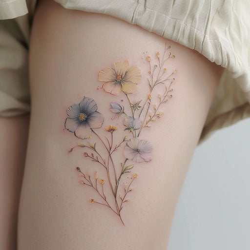 Gentle wildflower tattoo, pastel palette, soft lines, feminine and delicate