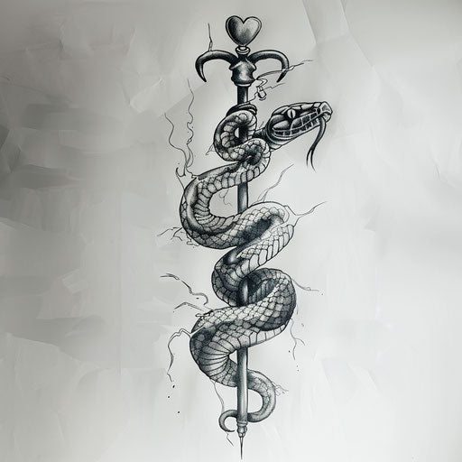 Design concept for a military medic tattoo, snake and staff with a heart, on a pure white canvas.