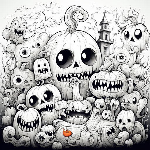 Halloween coloring page with cartoon characters