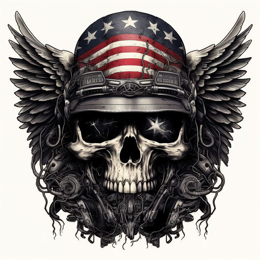 Motorcycle helmet with wings and flag, naive americana style