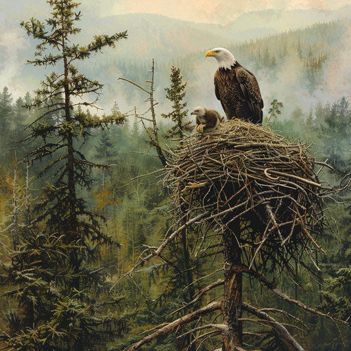 Eagle's nest watched over in a coniferous forest