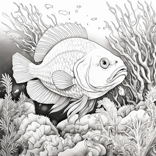 Detailed underwater coloring page with fish