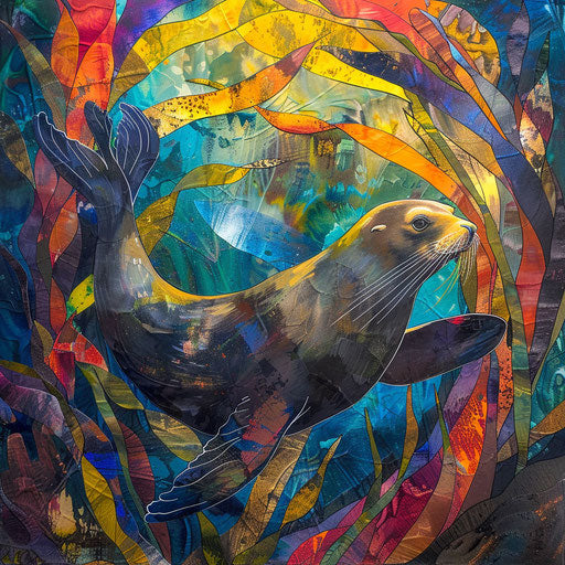 Sea lion in vibrant kelp forest