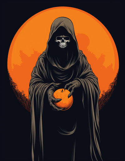 The grim reaper holding an orange in a contemporary grotesque style