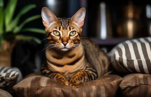Bengal cat sitting next to striped pillows, in the style of Creative Commons attribution, dark gold and brown, warmcore, explosive pigmentation, masculine, cottagepunk, hard-edged 17:11