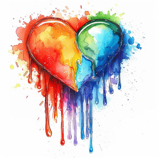 Dynamic sketch of a heart shedding colorful tears in a watercolor effect