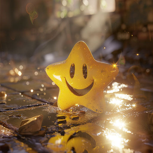 Emo face smiling at a star, light brown and yellow style