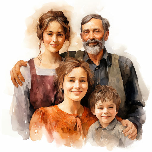 Family portrait in oil painting style, on white background