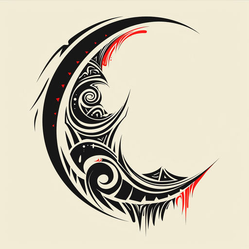 Bold tribal half-moon in black and red, clipart style