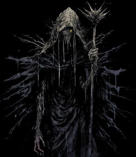 Shadow of the goblin, monochrome ink, skewer in hand