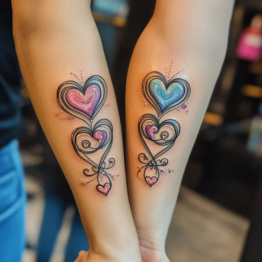 Mother daughter tattoos with matching hearts and infinity symbols