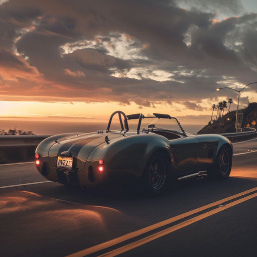 Sports car transformed into sleek roadster, cruising along coastal highway at sunset