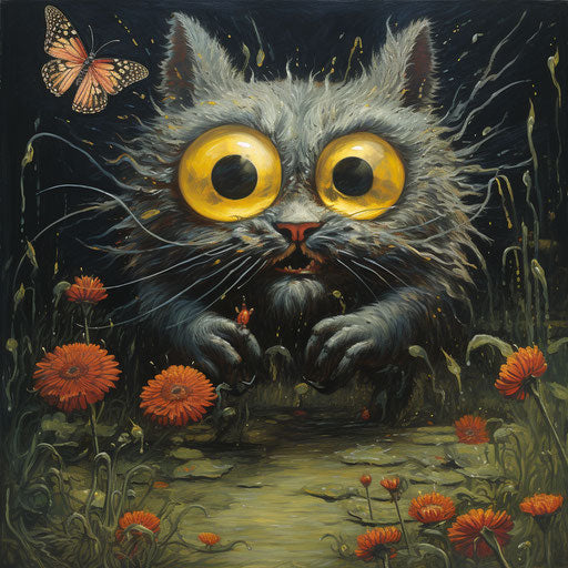 Louis Wain's cat staring at an insect