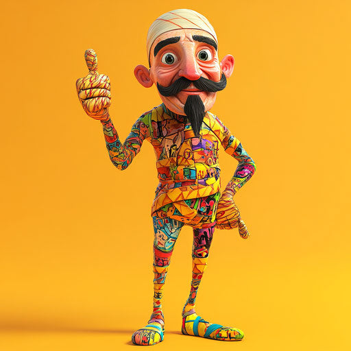 Humorous caricature of a bandage clipart with human characteristics, exaggerated arched eyebrows, long legs, colorful backdrop, vibrant colors, cartoon style, thumbs up, high-resolution, no background, isolated