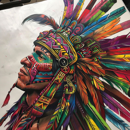 Colorful Aztec warrior tattoo art on a white sheet