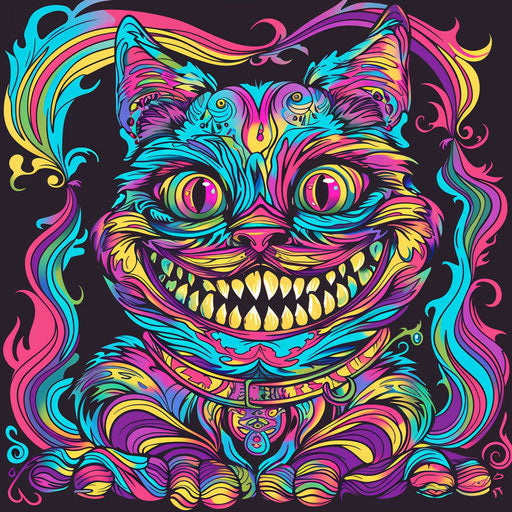 Surreal flat tattoo sketch of a Cheshire Cat with a wide smile