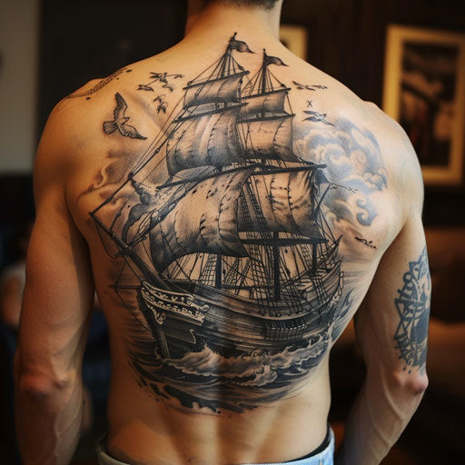 Realism tattoos of a pirate ship, Sailor Jerry style