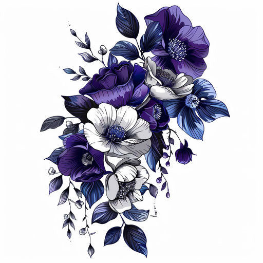 Dynamic flat tattoo sketch of a cascading bouquet