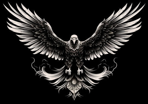 Black and white eagle logo with wings spread, Renaissance style