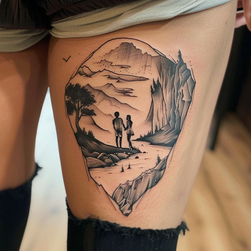 Couple tattoo depicting a surreal landscape with two figures meeting