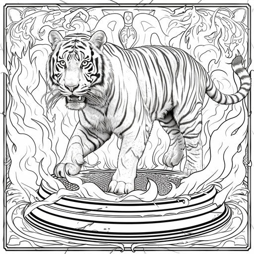 Circus tiger leaping through a ring of fire