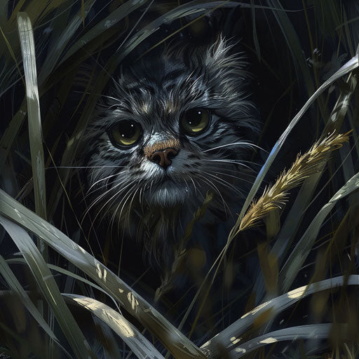 A Pallas's cat peering through tall grasses