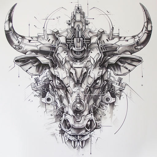 Biomechanical bull tattoo concept on a white canvas