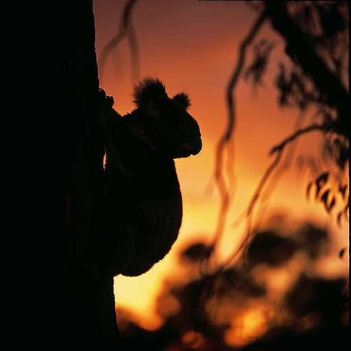 Silhouette of a koala climbing, twilight or dawn light creating a striking outline.