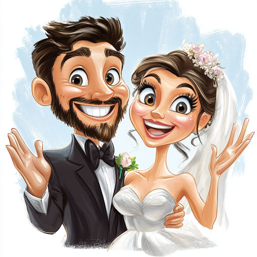 Humorous caricature of a wedding couple with human characteristics