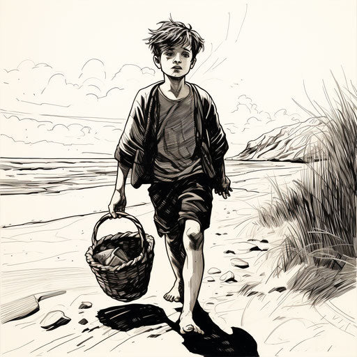 Child at beach with basket, meticulous ink style