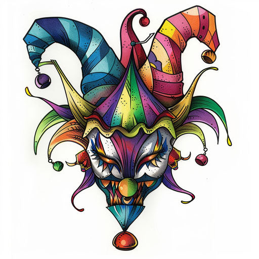 Whimsical flat tattoo sketch of a jester's hood with bright, playful colors and bells