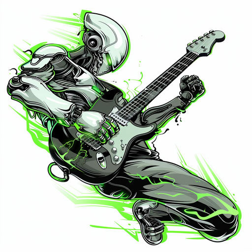 Futuristic robot playing electric guitar in clipart style