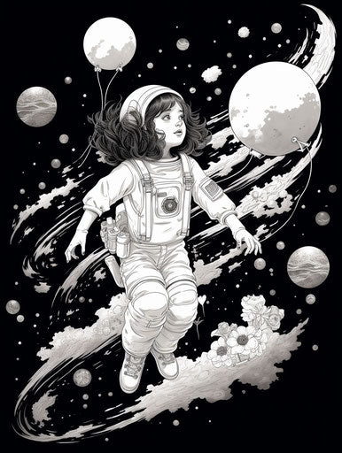 Astronaut flying in space, black and white ink style